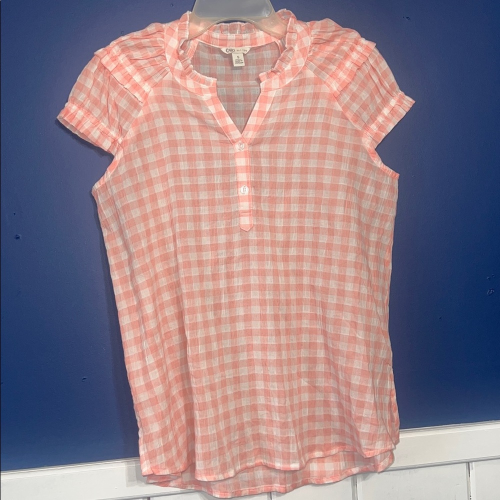 Cato lightweight sheer Pink &White Gingham plaid Blouse, 1/4 button down, Small